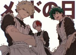  3boys apron bakugou_katsuki bkgktkchbmh black_dress black_ribbon blonde_hair blue_eyes boku_no_hero_academia burn_scar commentary_request crossdressing crossdressing_(mtf) crossed_arms dress freckles frilled_apron frills green_eyes green_hair hair_between_eyes heterochromia looking_at_another looking_at_viewer maid maid_apron maid_day maid_headdress male_focus male_maid midoriya_izuku multicolored_hair multiple_boys neck_ribbon open_mouth red_eyes red_hair ribbon scar scar_on_face short_hair simple_background solo spiky_hair split-color_hair teeth todoroki_shoto translation_request two-tone_hair upper_body waist_apron white_apron white_background white_hair 