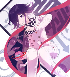  1boy abstract_background absurdres arrow_(symbol) buttons checkered_clothes checkered_scarf commentary_request danganronpa_(series) danganronpa_v3:_killing_harmony explosive flipped_hair grenade hair_between_eyes hand_up highres holding holding_grenade index_finger_raised invisible_chair long_sleeves looking_at_viewer male_focus medium_hair mq_meng_xin_ya multicolored_buttons oma_kokichi pants partial_commentary purple_hair scarf short_hair sitting smile solo symbol-shaped_pupils symbol_in_eye thigh_strap two-tone_scarf violet_eyes 