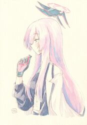  1girl blue_archive breasts commentary_request cropped_torso floating_headgear from_side gloves halo hand_up hariyaa headgear highres id_card jacket jacket_on_shoulders long_hair long_sleeves painting_(medium) pink_hair profile purple_shirt shirt signature small_breasts solo traditional_media upper_body utaha_(blue_archive) watercolor_(medium) white_jacket 