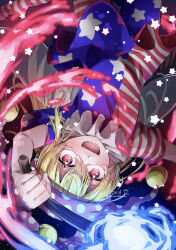  1girl absurdres american_flag american_flag_legwear american_flag_print american_flag_shirt blonde_hair clownpiece commentary_request fairy fire flag_print hat highres holding holding_torch long_hair looking_at_viewer mizuni_takenoko parted_lips print_shirt red_eyes shirt short_sleeves smile solo star-shaped_pupils star_(symbol) symbol-shaped_pupils torch touhou upside-down 