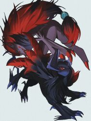  absol asymmetrical_horns black_fur blue_eyes body_fur claws commentary_request fangs furry hair_ornament hair_over_one_eye highres horns long_hair looking_at_viewer mega_absol_z mega_pokemon one_eye_covered open_mouth pokemon pokemon_(creature) pokemon_focus red_eyes red_hair red_wings reo_(mmocc123) simple_background single_wing smile sphere_hair_ornament uneven_horns wings zoroark 