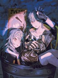  1boy 1girl arm_up bag black_gloves black_jacket black_skirt brick_wall caelus_(honkai:_star_rail) closed_mouth dual_persona feet_out_of_frame fingerless_gloves from_side gloves grey_hair hair_between_eyes half-closed_eyes highres holding holding_bag honkai:_star_rail honkai_(series) hood hooded_jacket in_container in_trash_can indoors jacket lapels long_hair long_sleeves looking_at_viewer miniskirt nanimonda open_clothes open_jacket open_mouth shadow shirt short_hair sidelocks sitting skirt smile spotlight stelle_(honkai:_star_rail) t-shirt tongue tongue_out trailblazer_(honkai:_star_rail) trash_bag trash_can two-sided_fabric two-sided_jacket w wanted_poster white_shirt yellow_eyes yellow_jacket 