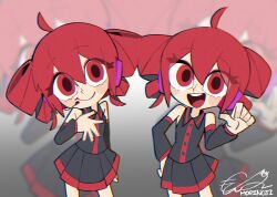  2girls ahoge artist_name black_shirt black_skirt blush closed_mouth commentary_request detached_sleeves drill_hair eyes_visible_through_hair hand_on_own_chest headset jitome kasane_teto kasane_teto_(utau) looking_at_viewer mori_no_ji multiple_girls open_mouth pleated_skirt pointing pointing_at_self red_eyes red_hair red_trim shirt short_hair signature skirt sleeveless sleeveless_shirt smile tareme thumbs_up tsurime twin_drills utau 
