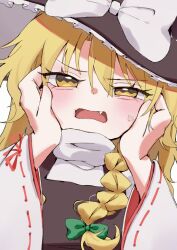  2girls amane_hoshina annoyed black_vest blonde_hair blush braid cheek_pinching commentary_request detached_sleeves dot_nose fang green_ribbon hakurei_reimu hands_on_another's_face hat hat_ribbon highres kirisame_marisa long_hair looking_at_viewer marisa_day multiple_girls open_mouth pinching pov pov_hands ribbon shirt single_braid sweat touhou turtleneck turtleneck_shirt upper_body vest white_background white_ribbon white_shirt wide_sleeves witch_hat yellow_eyes 