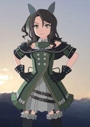  1girl absurdres animal_ears backlighting black_gloves black_sailor_collar black_thighhighs bow brown_eyes brown_hair clouds collared_dress commentary_request cowboy_shot dress ear_covers frilled_thighhighs frills garter_straps gloves gradient_sky green_bow green_jacket grey_sky hair_between_eyes hair_bow hand_on_own_hip highres horse_ears horse_girl jacket king_halo_(king_of_emeralds)_(umamusume) king_halo_(umamusume) long_hair looking_at_viewer mountainous_horizon off-shoulder_jacket off_shoulder one_side_up parted_bangs pleated_dress sailor_collar short_sleeves sidelocks sky sleeveless sleeveless_dress smile solo spread_legs standing sunrise tbf_(torigoya) thigh-highs umamusume white_dress yellow_sky 