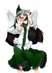  black_hair black_wings blush bow cape hair_bow open_mouth paw_pose red_eyes reiuji_utsuho shirt skirt smile solo tenamaru third_eye touhou wings 