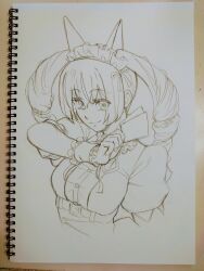  1girl akiha_rumiho breasts card drill_hair eibon highres holding holding_card long_hair looking_at_viewer mayqueen_maid_uniform medium_breasts monochrome notebook photo_(medium) puffy_short_sleeves puffy_sleeves ribbon-trimmed_hairband science_adventure short_sleeves sketch smile solo steins;gate twin_drills twintails upper_body 