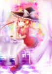  :q alternate_costume alternate_headwear blonde_hair blush bow chair checkered checkered_floor crossed_legs cup curtains dress fang flandre_scarlet food hat hat_bow highres legs_crossed mary_janes open_mouth plate pudding red_eyes revision shoes short_hair side_ponytail sitting smile solo spoon star table tea teacup teapot thigh-highs thighhighs tongue touhou white_legwear wings witch_hat wrist_cuffs zinczinc_ka 