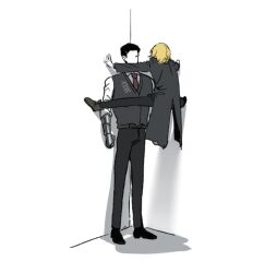  1boy 1girl belt black_belt black_hair black_pants black_shoes black_vest blonde_hair cicada_block_(meme) collared_shirt commentary_request don_quixote_(project_moon) gauntlets hetero kabedon korean_commentary limbus_company mangsug12_40 meme meursault_(project_moon) necktie pants project_moon red_necktie shirt shoes short_hair vest white_shirt 
