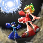  1girl android arm_cannon blonde_hair blue_eyes dress frilled_dress frills green_eyes hair_ribbon helmet highres implied_pantyshot long_hair ribbon rockman rockman_(character) rockman_(classic) roll symphysodon weapon 