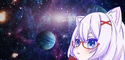  1girl :3 animal_ear_fluff animal_ears asagi501 blue_eyes bow bowtie cat_ears cat_girl closed_mouth from_side galaxy galaxy_background glasses head_only highres karin-chan_(seflen) light_blush looking_ahead medium_hair original red-framed_eyewear red_bow red_bowtie semi-rimless_eyewear smile solo under-rim_eyewear variant_set vrchat white_hair 