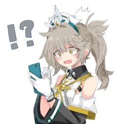 !? bare_shoulders brown_hair cellphone commentary_request detached_sleeves gloves highres krista_(starward) open_mouth phone side_ponytail smartphone starward sweat yonnobi 