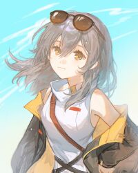  1girl absurdres bare_shoulders black_jacket blue_sky breasts closed_mouth commentary_request dididi_laonian_ka dress eyewear_on_head grey_hair hair_between_eyes highres honkai:_star_rail honkai_(series) jacket light_smile long_hair looking_at_viewer medium_breasts off_shoulder official_alternate_costume outdoors sky sleeveless sleeveless_dress solo stelle_(honkai:_star_rail) stelle_(world_tour_2023)_(honkai:_star_rail) sunglasses trailblazer_(honkai:_star_rail) upper_body white_dress yellow_eyes 