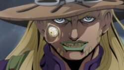  1boy araki_hirohiko_(style) beard blonde_hair blue_eyes brown_hat clouds cloudy_sky comic_panel_redraw commentary cowboy_hat derivative_work english_commentary eyeball facial_hair goggles goggles_on_headwear gold_teeth green_lips grills grin gyro_zeppeli hat high_collar highres jojo_no_kimyou_na_bouken jojomelhoranim long_hair makeup male_focus night official_style purple_shirt shirt sky smile solo steel_ball_run 