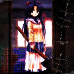  1girl axe blue_skirt clannad commentary distortion english_commentary english_text hair_bobbles hair_ornament highres hikarizaka_private_high_school_uniform holding holding_axe ichinose_kotomi jacket kneehighs kristianmaksak5 long_hair long_sleeves looking_at_viewer purple_hair sailor_collar school_uniform skirt socks solo turtleneck two_side_up violet_eyes white_sailor_collar yellow_jacket 