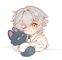  1boy aged_down animal animal_ears animal_nose animalization black_fur blue_eyes blush bright_pupils caelus_(honkai:_star_rail) child closed_mouth commentary dan_heng_(honkai:_star_rail) earclip eyeliner grey_hair hair_between_eyes highres honkai:_star_rail honkai_(series) hood hoodie hug long_sleeves looking_at_another makeup male_focus one_eye_closed puffy_long_sleeves puffy_sleeves red_eyeliner shaojuanli75294 short_hair simple_background smile table tail trailblazer_(honkai:_star_rail) untranslatable_commentary upper_body white_background white_hoodie white_pupils wolf wolf_ears wolf_tail yellow_eyes 