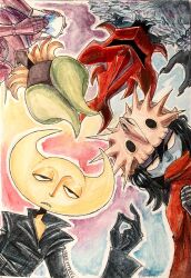  1girl 3boys absurdres armor black_hair black_nails blue_skin body_fur colored_skin commentary cup curled_horns dedusmuln disposable_cup english_commentary exhausted fingernails gauntlets half-closed_eyes helm helmet highres holding holding_cup horns hylics jacket leather leather_jacket long_fingernails looking_at_another moon-shaped_head multiple_boys outline painting_(medium) pongorma popped_collar red_helmet red_poncho short_hair signature skull_on_head smug somsnosa sparkyyybees spiked_helmet traditional_media watercolor_(medium) wayne_(hylics) white_outline yellow_skin 