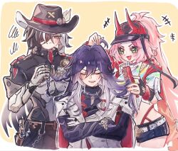  +++ 1girl 2boys ahoge alternate_hairstyle armor ashveil_(honkai:_star_rail) asymmetrical_gloves bandana belt black_armor black_gloves black_hair black_hat black_jacket black_pants black_shirt black_shorts blush boothill_(honkai:_star_rail) border bracelet braid brown_belt brushing_another's_hair brushing_hair bullet_earrings chain closed_eyes closed_mouth clothes_writing commentary_request covered_collarbone cowboy_hat cowboy_shot crescent crescent_pin crop_top crossed_arms cyborg earrings eyelashes fake_horns fingerless_gloves fishnets furuseki gloves gold_bracelet gradient_hair green_eyes grey_armor grey_eyes gun gun_sling hair_brush hair_over_one_eye half-closed_eye handgun hands_up hat hat_feather hat_ornament high_ponytail highres holding holding_another's_hair holding_hair_brush honkai:_star_rail honkai_(series) hood hooded_jacket horns jacket jewelry lapels long_hair looking_at_another low-braided_long_hair low-tied_long_hair mechanical_arms mechanical_hands midriff mismatched_gloves missing_headwear multicolored_hair multiple_boys navel necklace open_mouth outside_border pants peaked_cap pink_hair ponytail purple_hair rappa_(honkai:_star_rail) red_bandana red_jacket red_pupils ring shirt short_shorts shorts sidelocks simple_background single_braid smile sparkle squiggle standing sweatdrop tank_top tongue turtleneck turtleneck_shirt two-sided_fabric two-sided_jacket two-tone_armor two-tone_hair upper_body v-shaped_eyebrows very_long_hair wavy_hair weapon white_belt white_border white_gloves white_hair white_jacket white_tank_top yellow_background zipper 