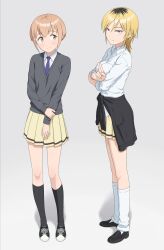  2girls absurdres black_hair black_shoes black_socks black_sweater blonde_hair breasts brown_eyes brown_hair buttons closed_mouth clothes_around_waist collared_shirt commentary_request earrings freckles grey_background hair_between_eyes hand_on_own_arm happy highres ichikawa_masahiro jewelry kneehighs large_breasts light_blush loafers long_sleeves looking_at_another looking_at_viewer looking_to_the_side loose_socks medium_breasts miniskirt multicolored_hair multiple_girls necktie paid_reward_available pleated_skirt purple_necktie red_eyes roots_(hair) salute school_uniform shirt shoes short_hair sidelocks simple_background skirt sleeves_rolled_up small_breasts smile socks split_mouth standing sweater sweater_around_waist tanaka_mako two-finger_salute two-tone_hair untucked_shirt watashi_ga_motenai_no_wa_dou_kangaetemo_omaera_ga_warui! white_shirt white_socks yellow_skirt yoshida_masaki 
