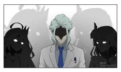  1boy 2girls ahoge alternate_costume arms_at_sides artist_name black_mask blank_eyes blue_necktie breast_pocket closed_mouth coat collared_shirt contemporary dottore_(genshin_impact) eye_mask facing_viewer formal_clothes genshin_impact grey_shirt highres huge_ahoge lapels long_bangs looking_at_another mask multiple_girls necktie nerozero nervous_sweating pen pocket raiden_shogun rukkhadevata_(genshin_impact) shirt short_hair silhouette sweat undershirt white_coat white_sleeves zoom_layer 