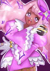  1girl :d absurdres commentary_request cowboy_shot dark-skinned_female dark_skin dress eyelashes fishnet_pantyhose fishnets glove_bow gloves hand_up hat highres holding holding_poke_ball jacinthe_(pokemon) jewelry kichi_(erkz2532) long_hair long_sleeves luxury_ball open_mouth outline pantyhose pink_hair poke_ball pokemon pokemon_legends:_z-a puffy_sleeves purple_dress purple_hat ring smile solo teeth tilted_headwear upper_teeth_only violet_eyes white_gloves 