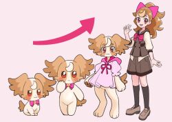  1girl :3 :d animal_ears arrow_(symbol) black_socks blush blush_stickers bow bowtie brown_fur brown_hair brown_sailor_collar brown_shoes brown_shorts brown_vest buttons closed_mouth collared_vest commentary cosplay dog dog_ears dog_girl dog_tail double-breasted drawstring dress evolution full_body furry furry_female hair_bow hand_up hood hood_down hooded_dress inukai_komugi inukai_komugi_(cosplay) inukai_komugi_(dog) kneehighs loafers long_hair looking_at_viewer multiple_forms multiple_views open_mouth paw_up pawpads pink_background pink_bow pink_bowtie pink_dress ponytail precure puffy_short_sleeves puffy_sleeves red_bow red_bowtie red_eyes sailor_collar school_uniform second_wangan_school_uniform self_cosplay sequential shirt shoes short_shorts short_sleeves shorts simple_background smile socks standing tail thick_eyebrows three-quarter_sleeves tied_drawstring uno_usaya vest white_shirt wonderful_precure! 