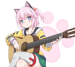  1girl animal_ears asagi501 blue_eyes cat_ears cat_girl cat_hair_ornament closed_mouth collarbone commentary_request cowboy_shot crossed_legs flower_wristband guitar hair_ornament highres holding holding_guitar holding_instrument hood hood_down hooded_jacket ikkifujineko_(vrchat) instrument jacket light_blush long_sleeves looking_at_viewer medium_hair original paw_print paw_print_background pink_background pink_hair pinstripe_thighhighs shirt single_thighhigh skindentation smile solo thigh-highs thigh_strap two_side_up vrchat white_background white_shirt white_thighhighs yellow_jacket 