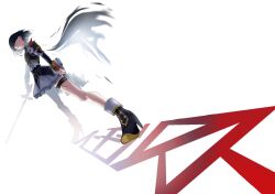  1girl ankle_boots armband black_hair blue_boots blue_shirt blue_skirt boots closed_mouth commentary_request cutting_hair cutting_own_hair determined dutch_angle foreshortening frilled_skirt frills full_body gold_trim high_heels highres holding holding_sword holding_weapon layered_shirt layered_skirt legs_apart long_sleeves looking_ahead medium_hair miniskirt nijisanji nijisanji_idol_uniform noir_(a1kkq0ybem62741) red_armband severed_hair shirt simple_background skirt sleeve_cuffs solo standing sword thigh_strap translation_request tsukino_mito violet_eyes virtual_youtuber weapon white_background white_shirt white_skirt 