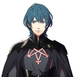  1boy armor black_armor black_cape blue_eyes blue_hair cape closed_mouth fire_emblem fire_emblem:_three_houses gorget highres kurahana_chinatsu looking_at_viewer male_byleth_(fire_emblem) male_focus official_art short_hair simple_background solo transparent_background upper_body 