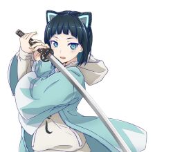 1girl animal_ears asagi501 black_hair blue_eyes blue_happi cat_ears character_request clothes_writing commentary_request copyright_request fake_animal_ears hands_up happi holding holding_sword holding_weapon hood hood_down hoodie japanese_clothes katana looking_at_viewer open_mouth simple_background solo sword upper_body weapon white_background white_hoodie 