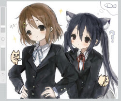  2girls ? animal_ears art_program_in_frame black_hair blazer blue_bow blue_bowtie blush bow bowtie brown_eyes brown_hair buttons cat_ears collar colored_eyebrows fish four-pointed_star hair_ornament hairclip hands_on_own_hips highres hirasawa_yui jacket k-on! kuonoku95712 long_hair looking_at_another low_twintails multiple_girls nakano_azusa parallel_hairclips pleated_skirt red_bow red_bowtie sakuragaoka_high_school_uniform school_uniform shirt short_hair skirt smile speech_bubble thought_bubble twintails upper_body white_background white_shirt 
