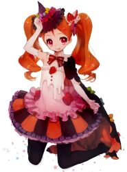 1girl black_cape black_pantyhose cape circle_skirt commentary_request dress elbow_gloves food-themed_clothes food-themed_hair_ornament food-themed_hat gloves hair_ornament hat highres kirakira_precure_a_la_mode kneeling long_hair looking_at_viewer mini_hat orange_hair pantyhose precure red_eyes simple_background skirt smile solo strapless strapless_dress strawberry_brooch strawberry_hair_ornament striped_clothes striped_skirt tongue tongue_out twintails two-sided_cape two-sided_fabric usami_ichika white_background white_gloves witch_hat yukiumisaka 