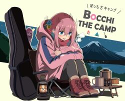  1girl blue_eyes blush bocchi_the_rock! boots camping chair commentary_request crossover cube_hair_ornament cup english_text gotoh_hitori guitar_case hair_ornament highres hood hoodie instrument_case kagamihara_nadeshiko knees_up laika2slip lake lantern long_hair mount_fuji mountain mug nervous night outdoors parody pink_hair pink_hoodie scarf sitting sky smile solo star_(sky) starry_sky sweatdrop table yurucamp 
