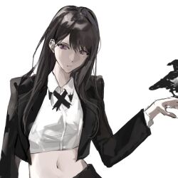  1girl bang_dream! bang_dream!_it's_mygo!!!!! bird black_hair black_jacket black_ribbon closed_mouth cropped_jacket cropped_shirt crow ear_piercing feiyu30903448 hair_between_eyes highres jacket long_hair mole mole_under_eye navel neck_ribbon open_clothes open_jacket piercing ribbon shiina_taki shirt simple_background solo violet_eyes white_background white_shirt 