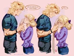  1boy 1girl alternate_hairstyle averting_eyes blonde_hair blue_eyes blush casual commentary contemporary denim embarrassed english_commentary english_text genshin_impact highres holding holding_paper jeans mintothesoul nicole_reeyn pants paper pointy_ears scar scar_on_face speech_bubble varka_(genshin_impact) 