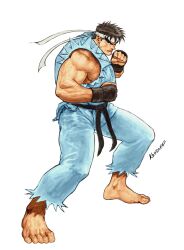  1boy boxing_gloves dougi facial_hair forked_eyebrows headband highres karate_gi male_focus martial_arts_belt muscular muscular_male ryu_(street_fighter) solo steven_mack street_fighter 