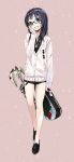  black_eyes black_hair cardigan glasses grin hand_on_own_cheek hand_on_own_face highres hinasaki holding loafers no_socks original shoes short_shorts shorts smile solo spade 