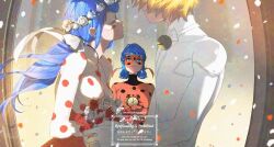  1boy 2girls adrien_agreste alarm_clock bell blonde_hair blue_hair bodysuit bouquet chat_noir clock commentary english_commentary eye_mask flower head_wreath highres holding holding_alarm_clock holding_bouquet ladybug_(miraculous_ladybug) marinette_dupain-cheng mask miraculous_ladybug multiple_girls neck_bell polka_dot_bodysuit red_bodysuit red_flower red_mask red_rose rose seio_(nao_miragggcc45) twintails twitter_username watermark white_bodysuit white_flower white_mask white_rose 