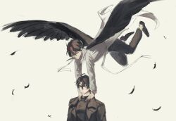  2boys black_coat black_hair black_shirt black_wings coat colored_extremities commentary demon_horns demon_king_of_salvation falling_feathers feathered_wings feathers fingernails flying hand_on_another's_shoulder highres horns kim_dokja long_fingernails male_focus multiple_boys omniscient_reader's_viewpoint open_clothes open_coat shirt short_hair sir_arcturus smile white_coat wings yoo_joonghyuk 