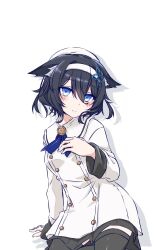 1girl animal_ear_fluff animal_ears asagi501 black_hair black_thighhighs blue_eyes blue_ribbon blush breasts buttons closed_mouth coat commentary_request cowboy_shot double-breasted double-parted_bangs ears_down hair_between_eyes hairband hand_on_own_chest hat highres light_smile long_sleeves medium_breasts medium_hair messy_hair miniskirt neck_ribbon revision ribbon simple_background sitting skirt skirt_under_coat solo split_mouth thigh-highs white_background white_coat white_hairband white_hat zettai_ryouiki 