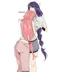  ! 2girls arrow_(symbol) black_nails blush braid commentary contemporary cowboy_shot english_commentary english_text genshin_impact grey_shorts gym_shorts hand_on_another's_shoulder hand_on_own_hip highres long_braid long_hair low-tied_long_hair midriff multicolored_hair multiple_girls pants pink_hair pink_pants purple_hair raiden_shogun seijousai shirt shorts simple_background single_braid smelling sweat twitter_username two-tone_hair very_long_hair violet_eyes white_background white_shirt yae_miko yuri 
