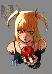  1girl amane_misa apple blonde_hair choker commentary cross cross_earrings cross_necklace death_note earrings food fruit goth_fashion gothic_punk highres holding holding_food holding_fruit jacket_mine jewelry lace lace_sleeves necklace solo 