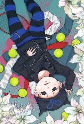  1boy aqua_background ball beanie black_eyes black_hat black_jacket black_pants black_shirt blood blood_splatter blue_pants blue_shirt brown_hair buckle chain character_name collared_jacket commentary_request danganronpa_(series) danganronpa_v3:_killing_harmony empty_eyes english_text expressionless fake_horns feet_out_of_frame flower hand_on_own_stomach happy_birthday hat highres horned_headwear horns hoshi_ryoma jacket lapels leather leather_jacket lily_(flower) looking_at_viewer lying male_focus notched_lapels on_back pants pink_blood print_headwear prison_clothes racket shirt shiruko_(mikan4649) short_hair short_male solo tennis_ball tennis_racket two-tone_pants two-tone_shirt unworn_jacket unworn_shirt upside-down white_flower 