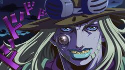  1boy absurdres araki_hirohiko_(style) beard blonde_hair blue_eyes brown_hat comic_panel_redraw commentary cowboy_hat derivative_work english_commentary eyeball facial_hair goggles goggles_on_headwear gold_teeth green_lips grills grin gyro_zeppeli hat high_collar highres jojo_no_kimyou_na_bouken kingnothingblue long_hair makeup male_focus menacing_(jojo) night official_style purple_shirt shirt smile solo steel_ball_run 