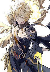  1boy absurdres asymmetrical_wings black_wings blonde_hair closed_mouth commentary_request cracked_skin expressionless h2o_omizu hair_between_eyes halo halo_behind_head highres honkai:_star_rail honkai_(series) looking_at_viewer male_focus material_growth phainon_(honkai:_star_rail) phainon_(khaslana)_(honkai:_star_rail) short_hair simple_background solo white_background wings yellow_blood yellow_eyes yellow_halo yellow_wings 