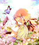  1girl aquarion_(series) aquarion_evol blonde_hair blush closed_eyes coat dorayan dress eyes_closed forehead_kiss gloves jin_muso jin_musou kiss multicolored_hair orange_hair purple_hair short_hair yunoha_thrul 