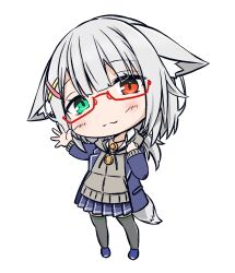  1girl animal_ears aqua_eyes asagi501 black_thighhighs blue_jacket blue_shoes blue_skirt character_name chibi closed_mouth commentary_request flat_chest fox_ears fox_girl fox_tail full_body glasses grey_hoodie hair_ornament hand_up heterochromia highres hood hood_down hoodie jacket jewelry light_blush looking_at_viewer medium_hair miniskirt necklace open_clothes open_jacket original red-framed_eyewear red_eyes semi-rimless_eyewear shoes skirt smile solo split_mouth tail thigh-highs under-rim_eyewear vrchat waving white_hair x_hair_ornament zettai_ryouiki 