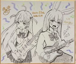  2girls :d absurdres ahoge animal_ear_fluff animal_ears artist_collaboration blush bow character_request collared_shirt commentary_request dated dress_shirt eighth_note electric_guitar guitar hair_between_eyes hair_bow highres holding holding_instrument hololive instrument kiritoma lightning_bolt_symbol long_hair long_sleeves multiple_girls musical_note photo_(medium) pleated_skirt puffy_long_sleeves puffy_sleeves rabbit_ears roya_(roya247) shikishi shirt short_eyebrows signature skirt sleeves_past_wrists smile thick_eyebrows traditional_media two_side_up usada_pekora v-shaped_eyebrows very_long_hair 