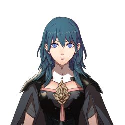  1girl armor black_armor blue_eyes blue_hair breasts cape closed_mouth female_byleth_(fire_emblem) fire_emblem fire_emblem:_three_houses hair_between_eyes highres kurahana_chinatsu looking_at_viewer medium_hair official_art pink_trim short_sleeves simple_background solo transparent_background upper_body 