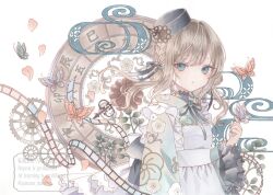  1girl apron aqua_eyes aqua_kimono back_bow black_bow black_hat black_ribbon bow braid brooch brown_hair bug butterfly clock commentary_request eyelashes gears hair_ribbon hand_up hat highres japanese_clothes jewelry kimono long_hair long_sleeves maid maid_apron marker_(medium) neck_ribbon original paruno plant ribbon short_hair solo traditional_media tsurime twintails upper_body wa_maid watermark white_apron wide_sleeves 